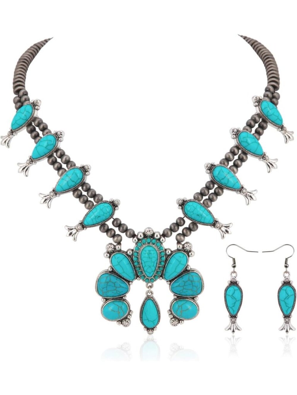 Turquoise Squash Blossom Style Necklace Dangle Earrings Set Western Boho